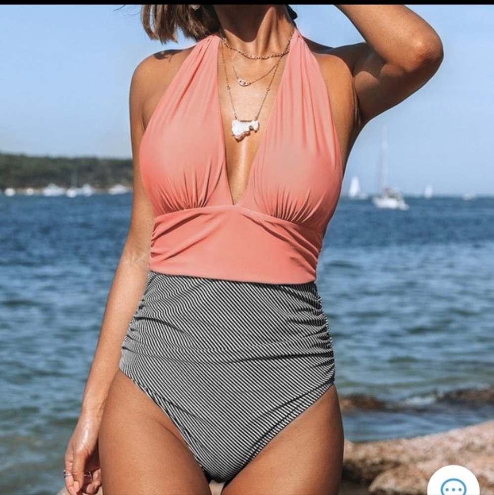 Cupshe Peach and Striped Halter One Piece Plunge Swimsuit XL